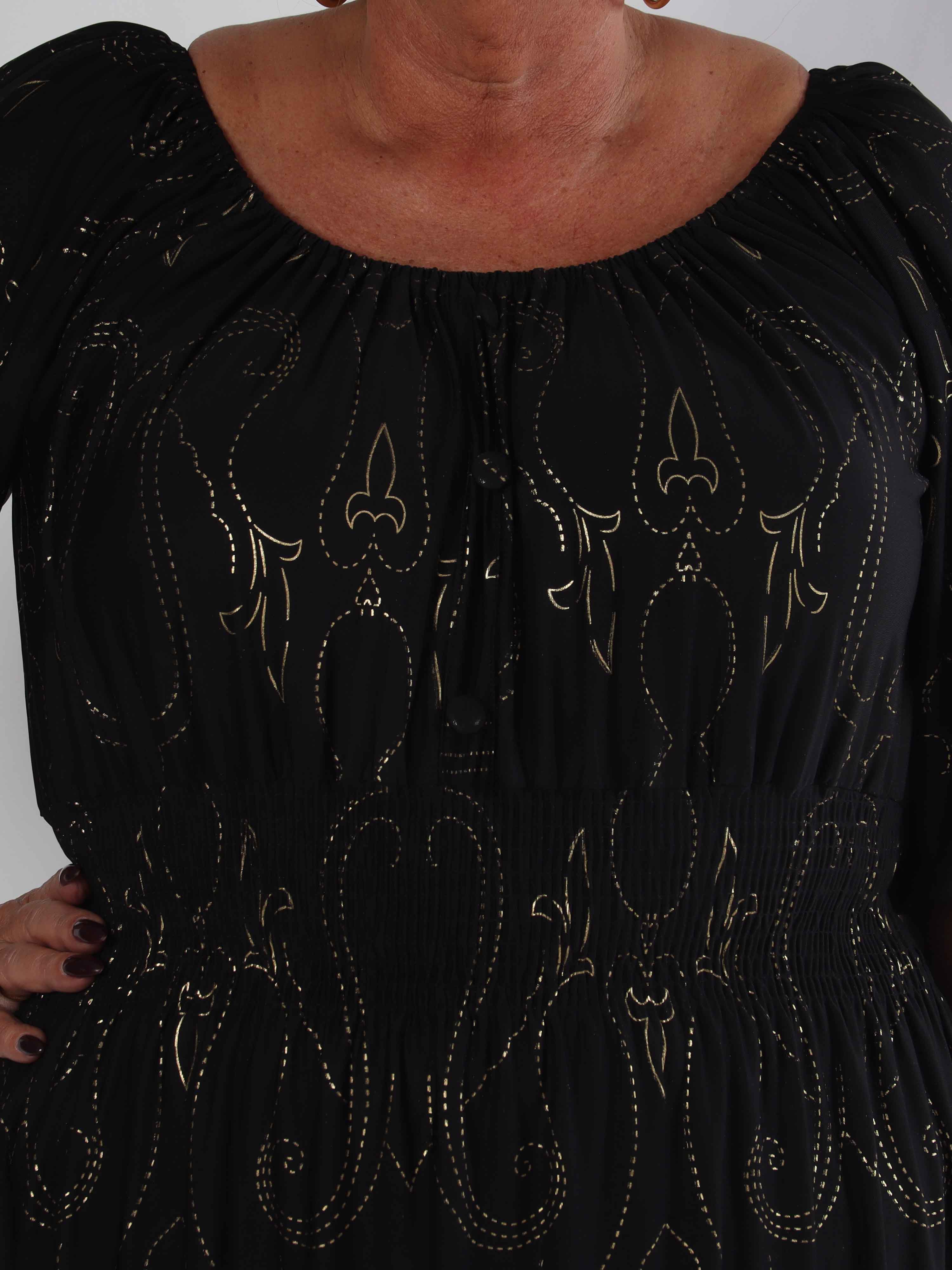 Cora Royal Gold Midi - Elastisk plus size kjole med guld print